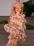 Tiered Sunset Butterfly Print Holder Back Maxi Dress