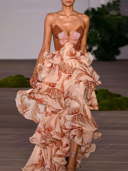 Tiered Sunset Butterfly Print Holder Back Maxi Dress