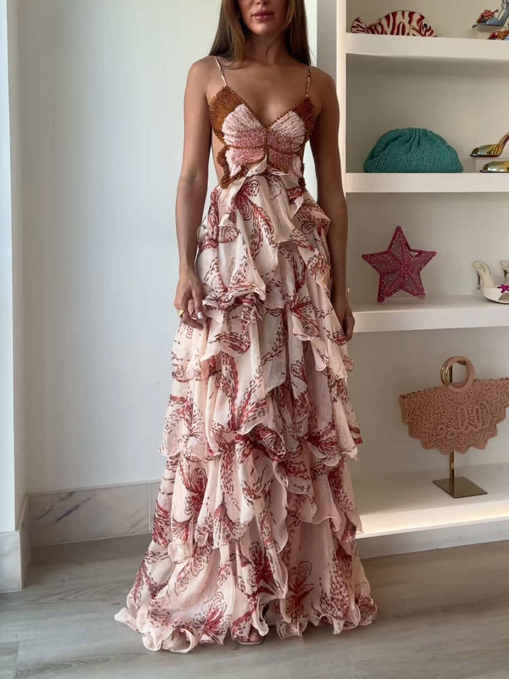 Tiered Sunset Butterfly Print Holder Back Maxi Dress