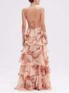 Tiered Sunset Butterfly Print Holder Back Maxi Dress