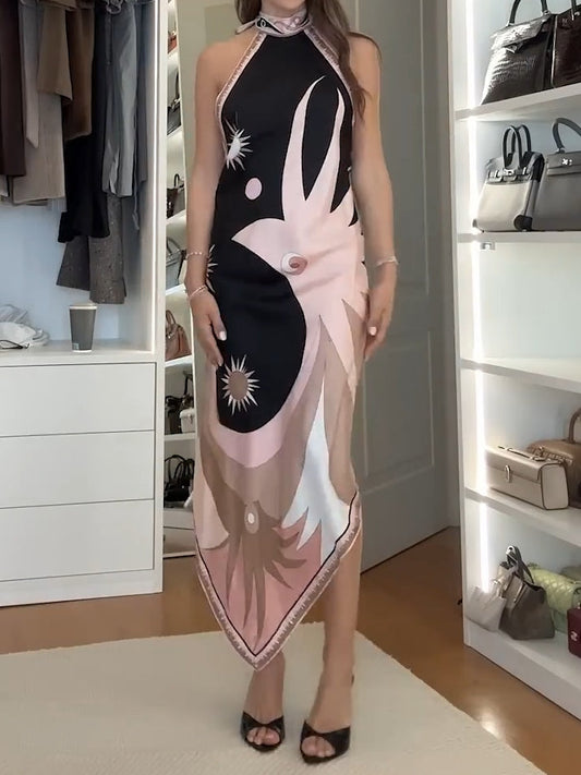 Open Back Abstract Print Midi Dress