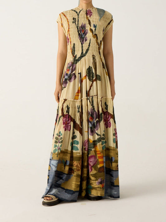 Pleated Print Maxi Dress