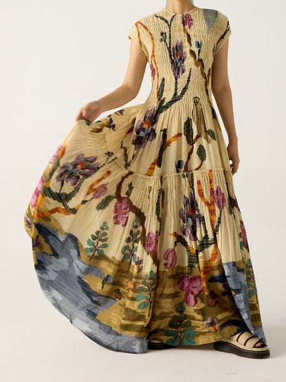 Pleated Print Maxi Dress