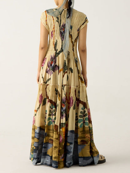 Pleated Print Maxi Dress