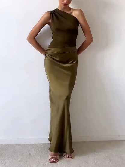 Elegant One Shoulder Neck Pleated Party Maxi Dress