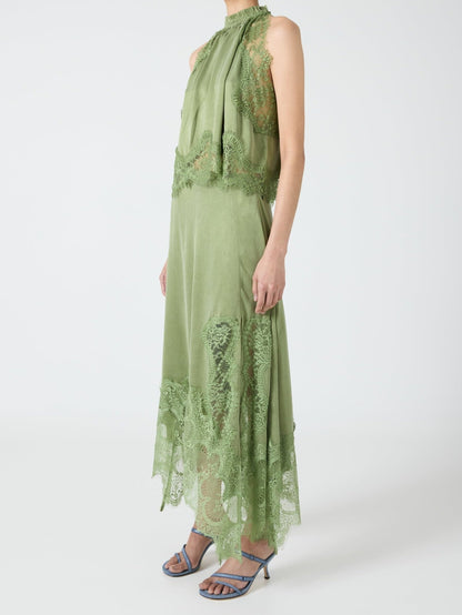 Satin Lace Trim Pleated Neck Top And A-line Irregular Slit Skirt Set