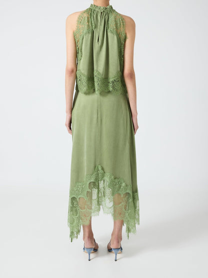 Satin Lace Trim Pleated Neck Top And A-line Irregular Slit Skirt Set