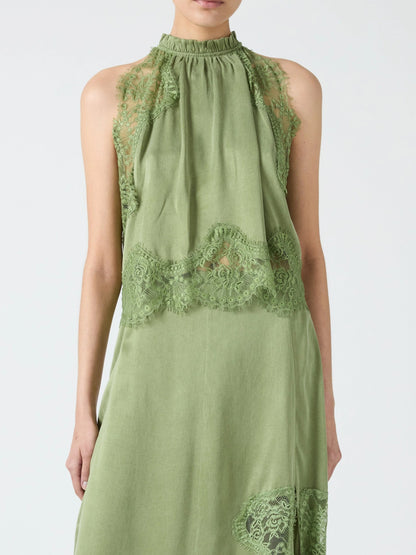 Satin Lace Trim Pleated Neck Top And A-line Irregular Slit Skirt Set