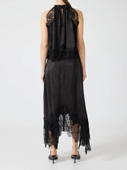 Satin Lace Trim Pleated Neck Top And A-line Irregular Slit Skirt Set