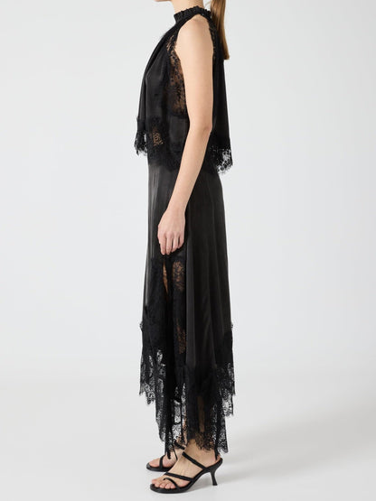 Satin Lace Trim Pleated Neck Top And A-line Irregular Slit Skirt Set