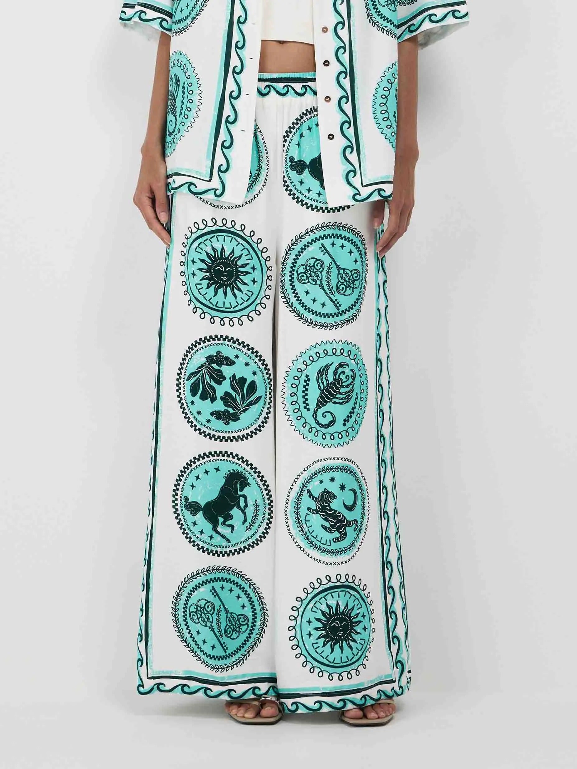 Unique Pattern Printed Short-sleeved Lace-up Shirt And Elastic Waist Wide-leg Pants