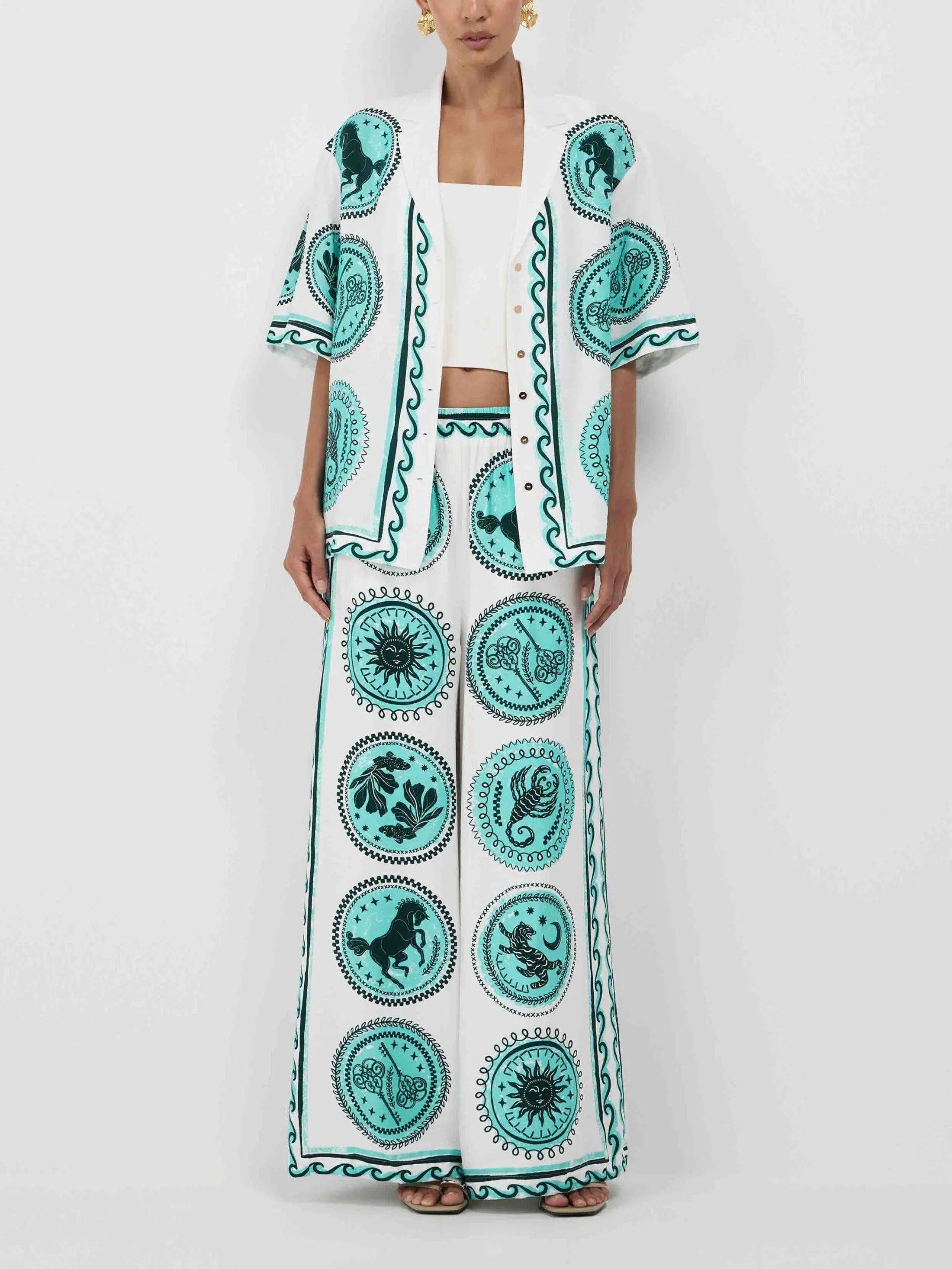 Unique Pattern Printed Short-sleeved Lace-up Shirt And Elastic Waist Wide-leg Pants