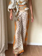 Exquisite Ethnic Style Floral Print One-shoulder Sleeve Top And Flared Pants