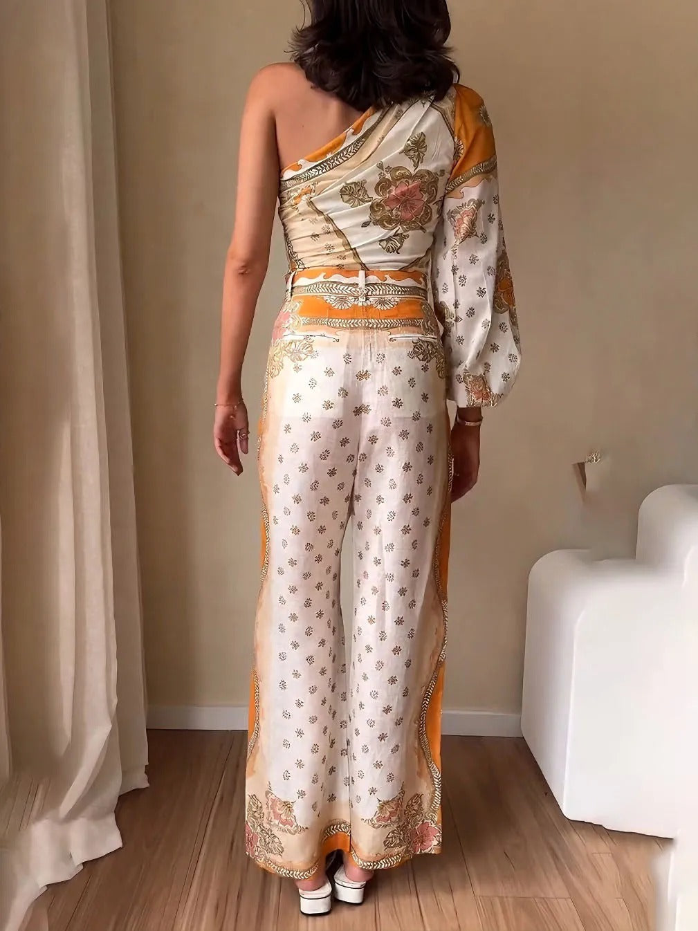 Exquisite Ethnic Style Floral Print One-shoulder Sleeve Top And Flared Pants
