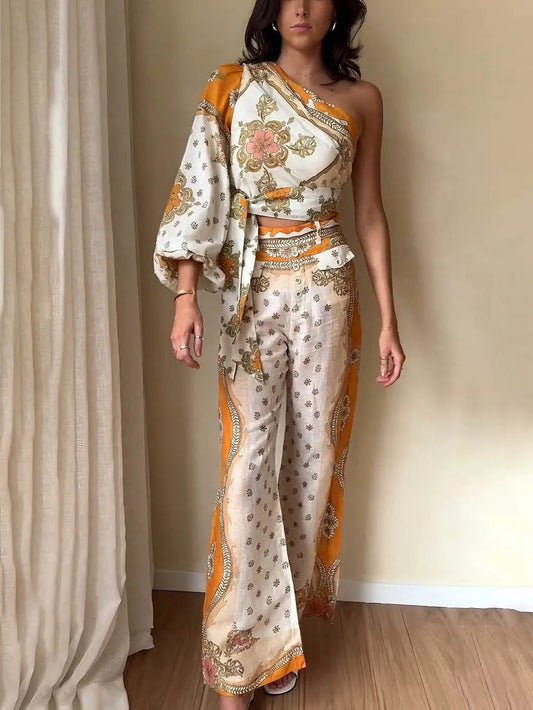 Exquisite Ethnic Style Floral Print One-shoulder Sleeve Top And Flared Pants