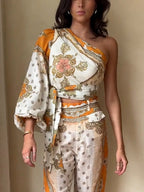 Exquisite Ethnic Style Floral Print One-shoulder Sleeve Top And Flared Pants