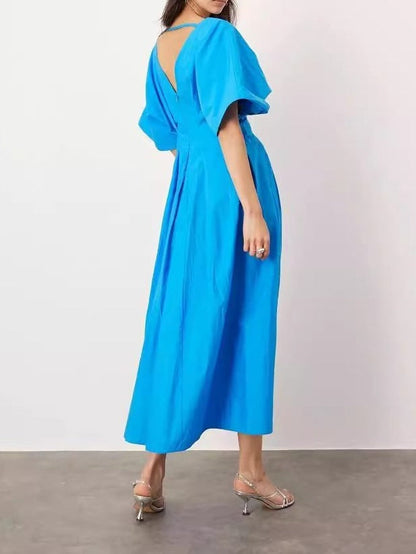 Blue Color V Neck Pleated Loose Elegant Socialite Dress