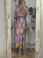 Exquisite Satin Floral Print Off-shoulder Shirt And Fishtail Skirt