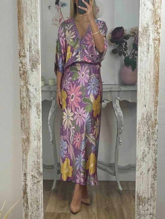 Exquisite Satin Floral Print Off-shoulder Shirt And Fishtail Skirt