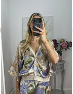Exquisite Satin Floral Print Off-shoulder Shirt And Fishtail Skirt