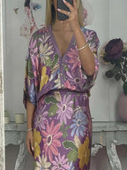Exquisite Satin Floral Print Off-shoulder Shirt And Fishtail Skirt