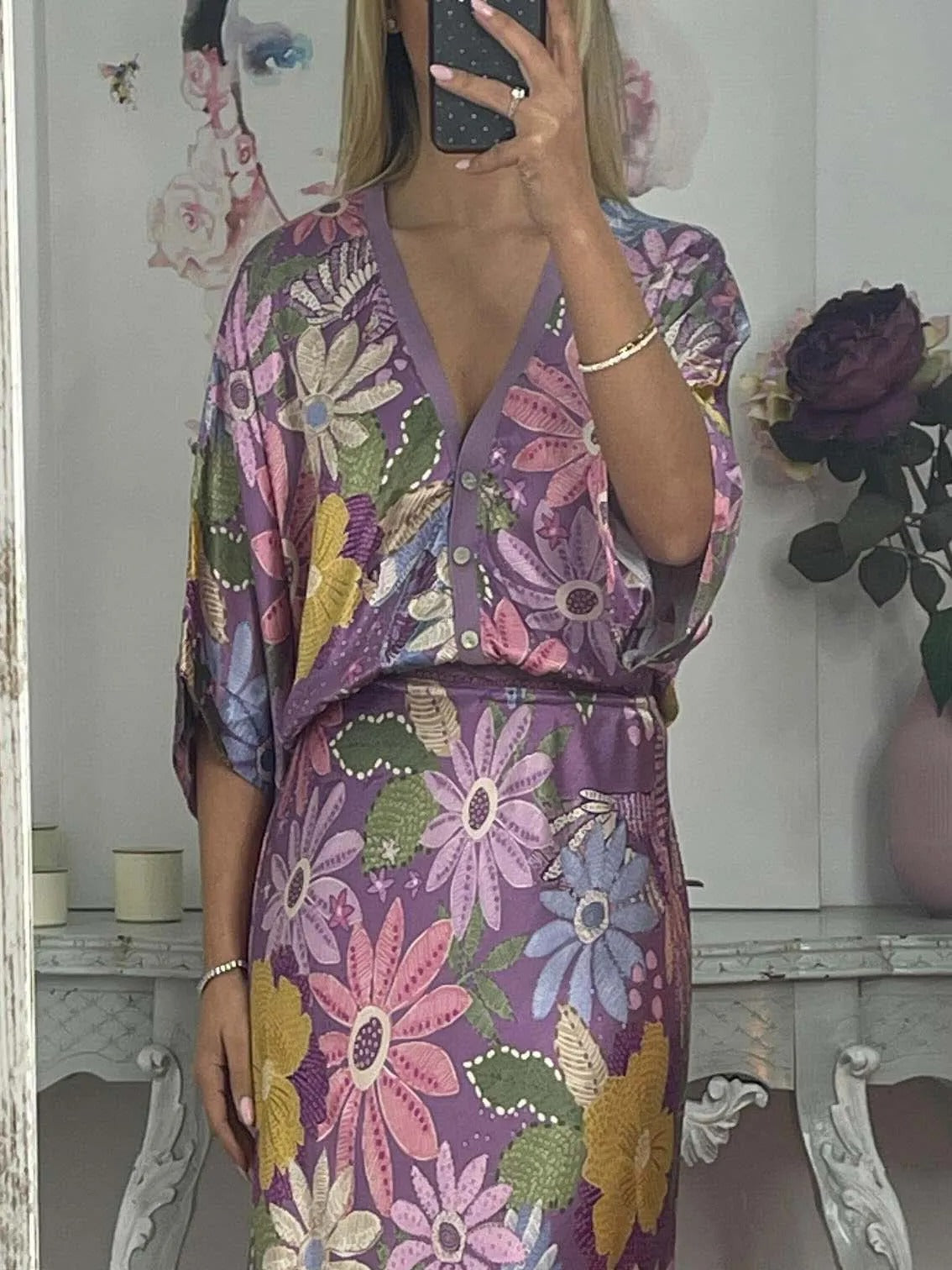 Exquisite Satin Floral Print Off-shoulder Shirt And Fishtail Skirt