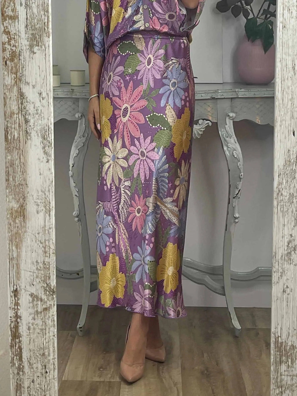 Exquisite Satin Floral Print Off-shoulder Shirt And Fishtail Skirt