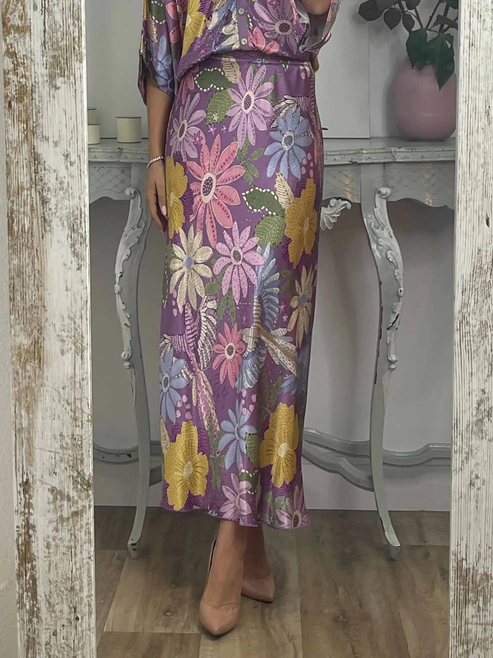 Exquisite Satin Floral Print Off-shoulder Shirt And Fishtail Skirt