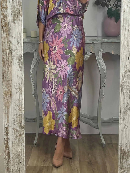 Exquisite Satin Floral Print Off-shoulder Shirt And Fishtail Skirt