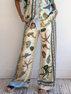 Unique Deep Sea Floral Print Loose Shirt And Loose Wide-leg Pants