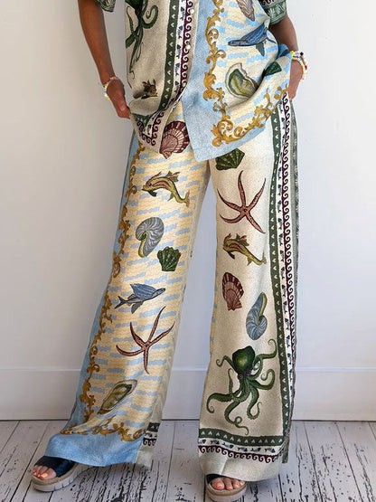 Unique Deep Sea Floral Print Loose Shirt And Loose Wide-leg Pants