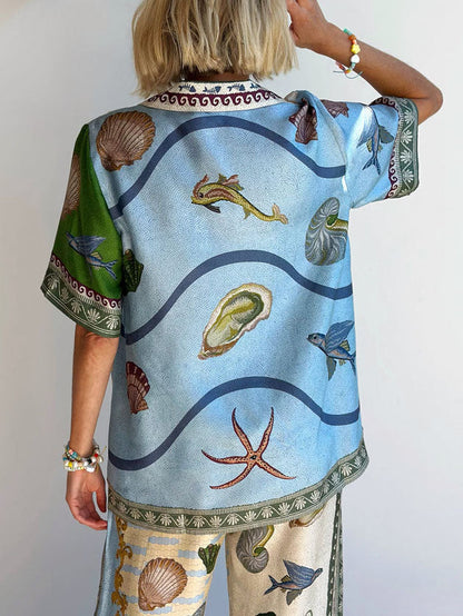 Unique Deep Sea Floral Print Loose Shirt And Loose Wide-leg Pants