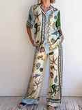 Unique Deep Sea Floral Print Loose Shirt And Loose Wide-leg Pants
