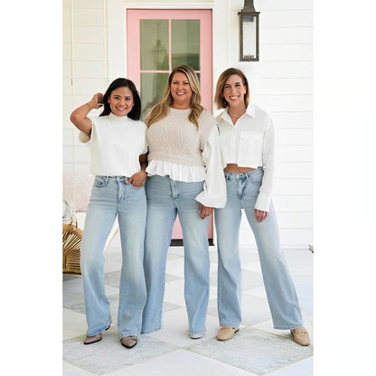 High Rise Vintage Wash Tummy Control Top Straight Leg Jeans