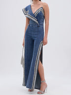Luxurious Denim Asymmetrical Pearl Bodysuit+Side Slits Denim Pant