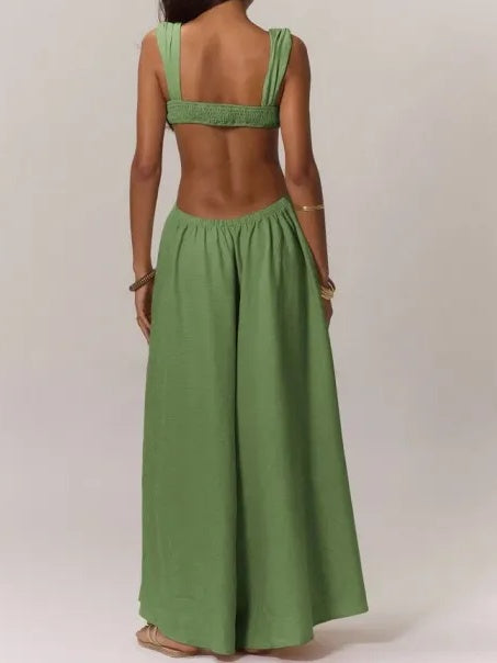 Boho Ruched Bust Extreme Wide Leg Jumpsuit