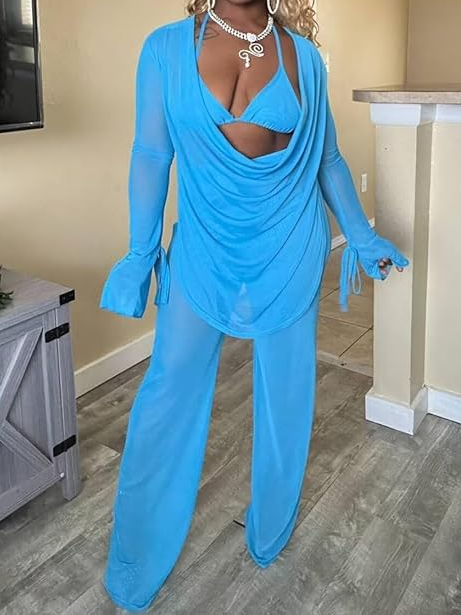 Women's 3 Piece Bikini Set Long Sleeve Top Long Pants Bikini