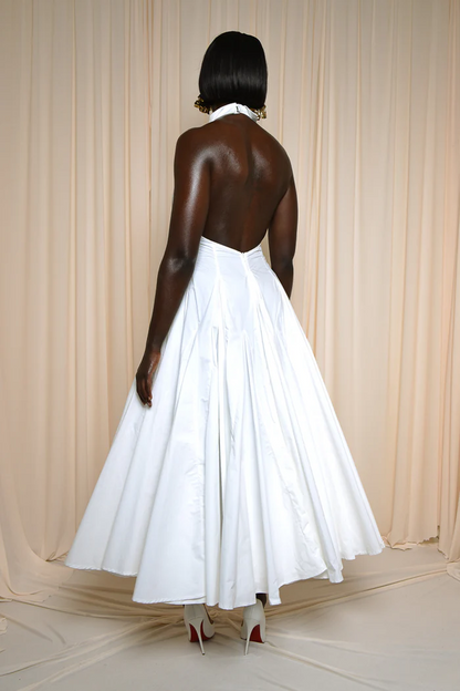 DENIM BACKLESS MIDI DRESS IN WHITE