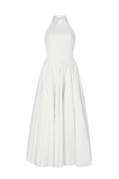 DENIM BACKLESS MIDI DRESS IN WHITE