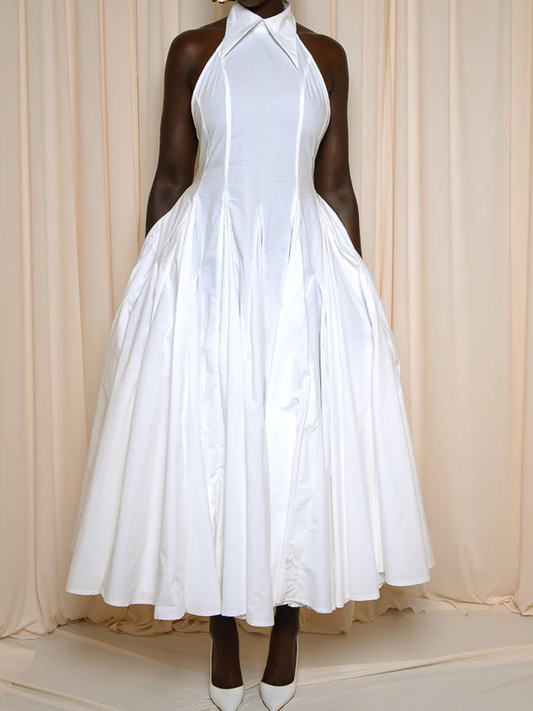 DENIM BACKLESS MIDI DRESS IN WHITE