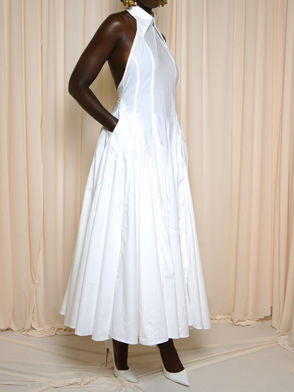 DENIM BACKLESS MIDI DRESS IN WHITE