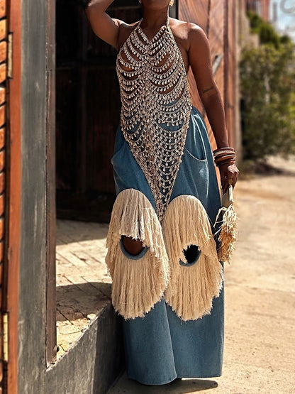 Luxury Handmade Chain Top + Fringe Pants