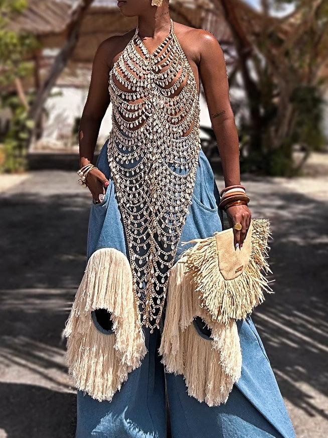 Luxury Handmade Chain Top + Fringe Pants