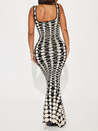 Black White Sexy Print Backless Spaghetti Strap Long Dresses.