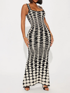 Black White Sexy Print Backless Spaghetti Strap Long Dresses.