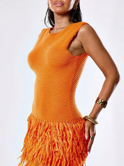 Crochet Knit Sleeveless Tassel Hem Mini Beach Dress In Orange