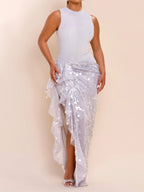 SEQUIN DRAPED MESH DRESS