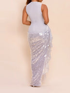 SEQUIN DRAPED MESH DRESS