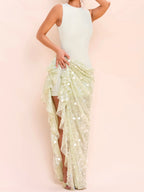 SEQUIN DRAPED MESH DRESS