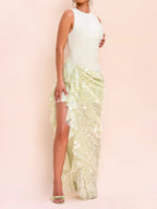 SEQUIN DRAPED MESH DRESS